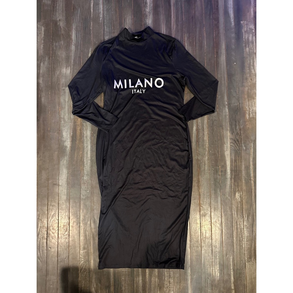 Milano Italy Black Mock Neck‎ Long Sleeve Maxi Dress Women Bodycon Graphic Print